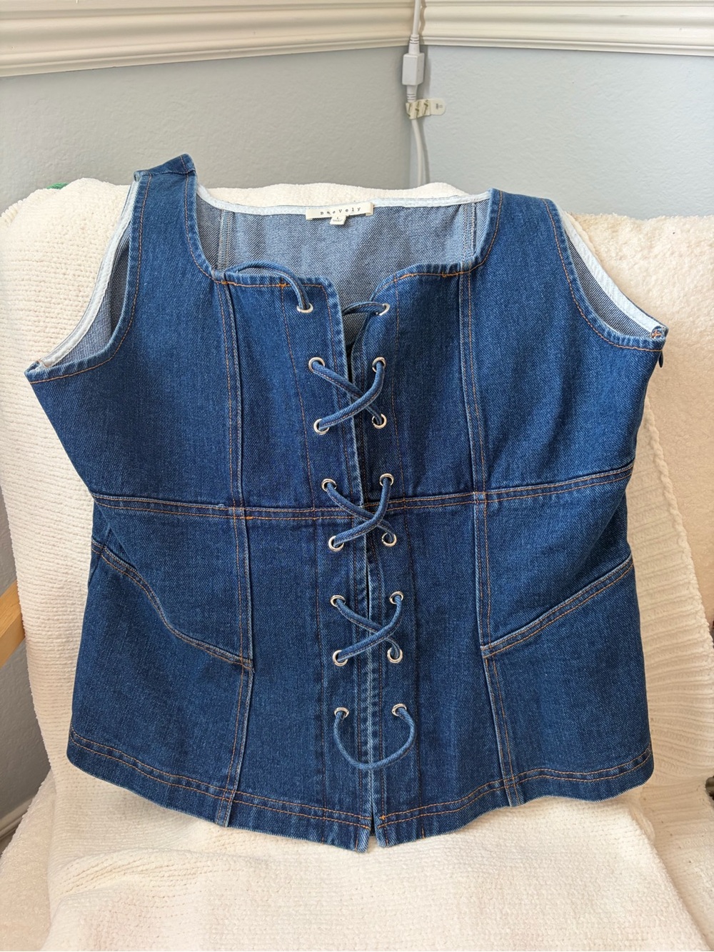 Denim Lace-Up Corset Tank Top - Unknown Brand - Blue